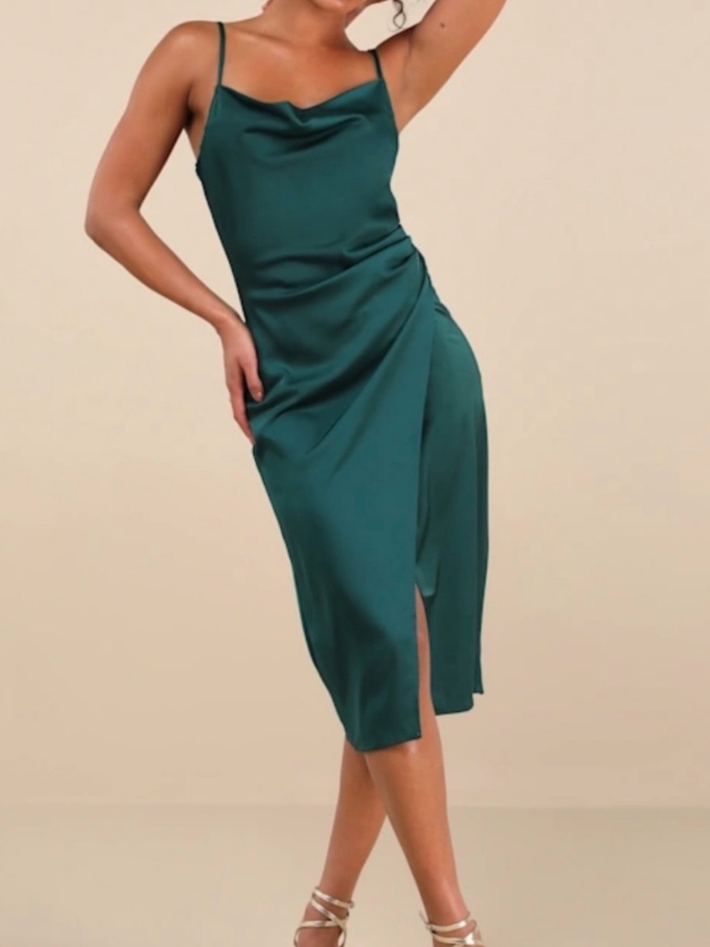 Lulus Emerald green cow neck satin dress